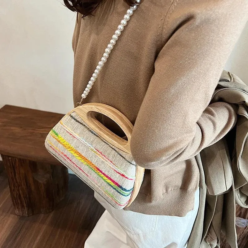 Small Clutches Colorful Striped Wooden Pearl Strap Women's Soft Crossbody Bags