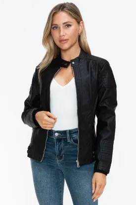 Snobbish Faux Leather Biker Jacket with Side Zip Pockets