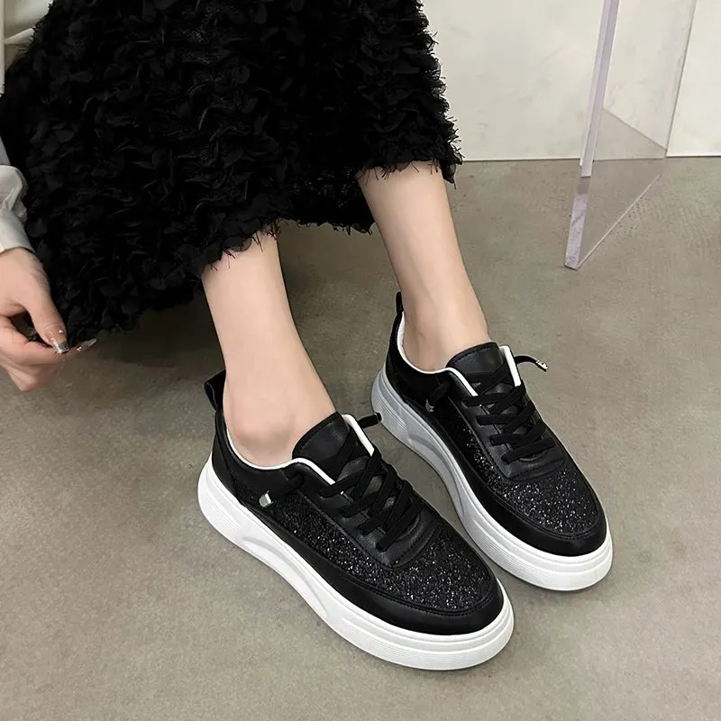 Sohiwoo 36-40 Running Sport Shoes for Women Black Silver Trendy Girls Skateboard Walking Sneakers Fitness Popular Shoes