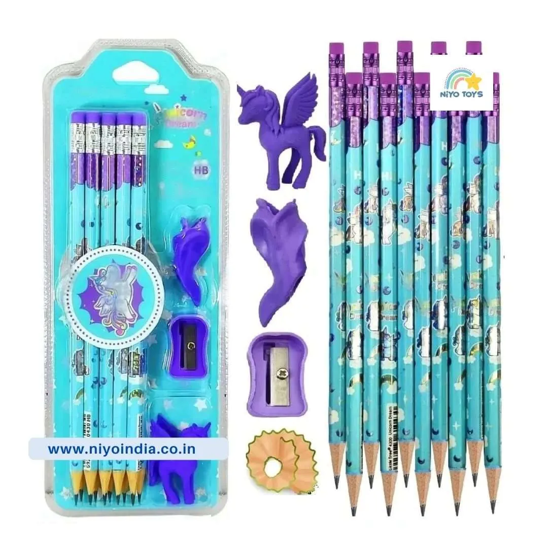 Space Theme Pencil Set with Sharpener, Eraser & Pencil Cap