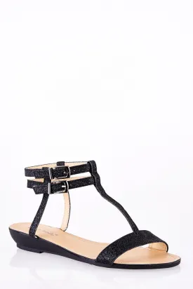 Sparkly Ankle Strap T-Bar Wedge Sandals