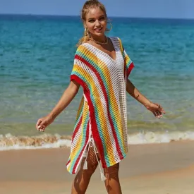 Split Side Short Sleeve Crochet-Knitted Beach-Swimwear Bikini-Cover Ups