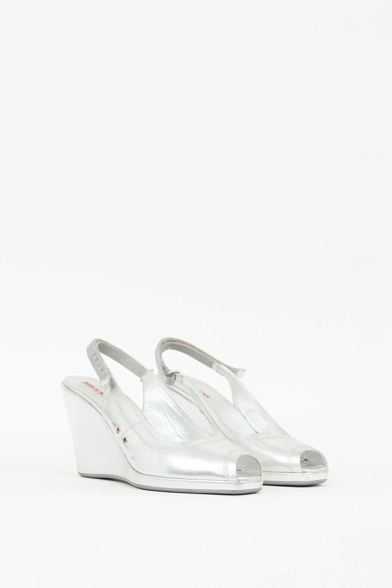 Sport Silver Metallic Leather Slingback Wedge Heel