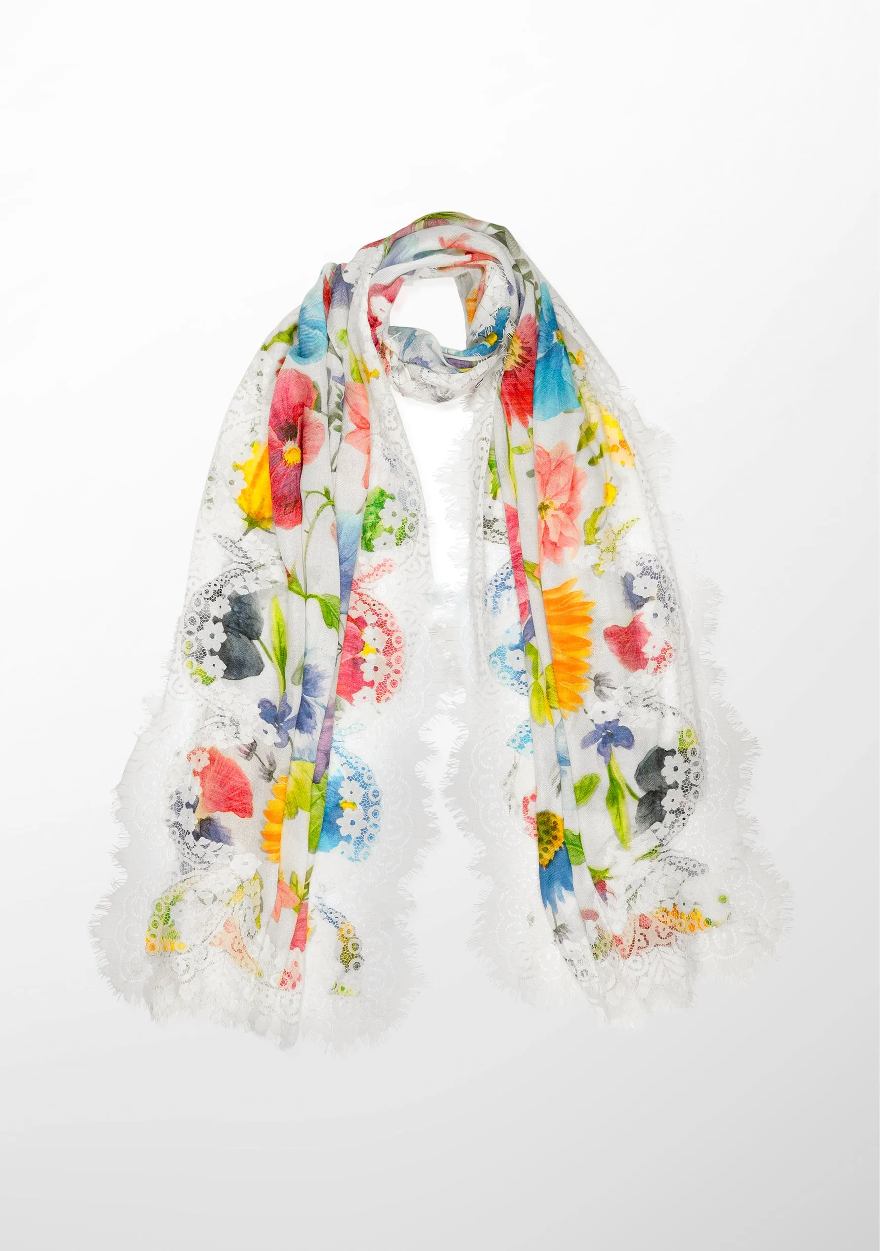 Spring Fling Print Ivory Modal and Cashmere Scarf with an Ivory Chantelle Lace Border