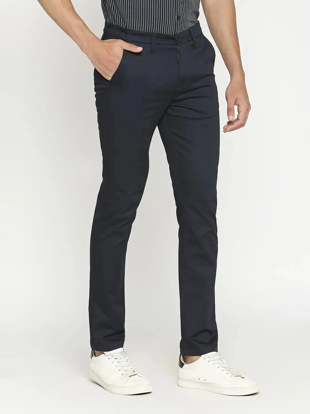 Spykar Men Navy Blue Cotton Slim Fit Ankle Length Trouser