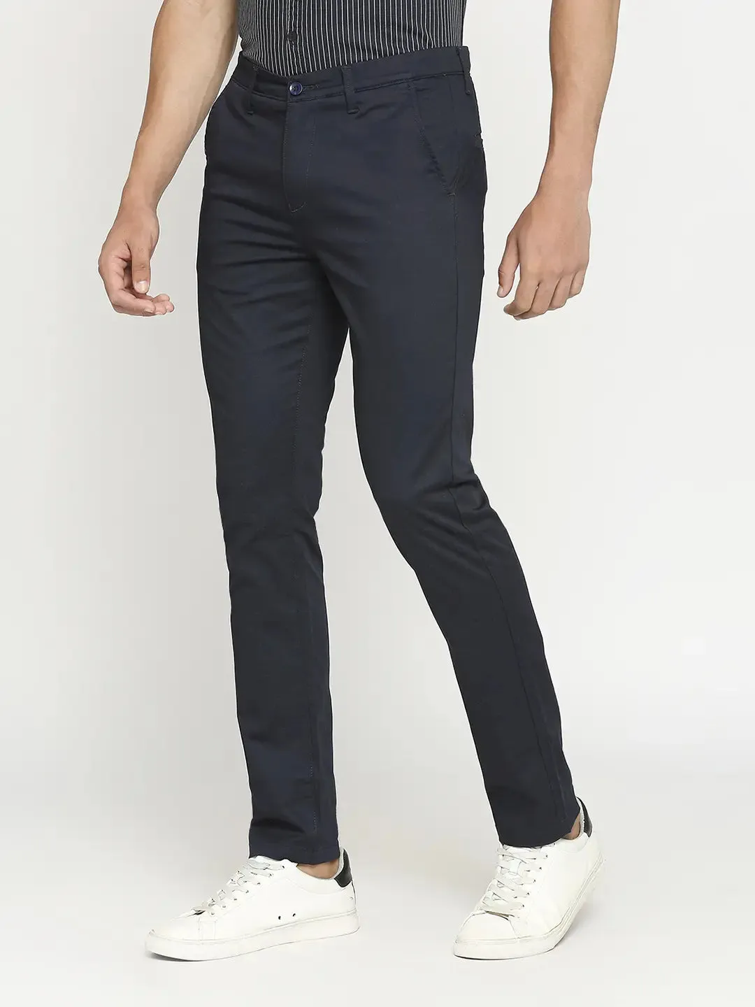 Spykar Men Navy Blue Cotton Slim Fit Ankle Length Trouser