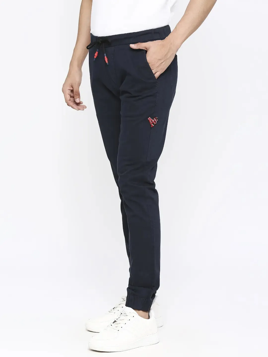 Spykar Men Navy Blue Cotton Slim Fit Drawstring Trousers