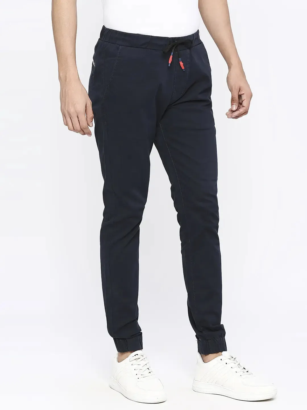 Spykar Men Navy Blue Cotton Slim Fit Drawstring Trousers