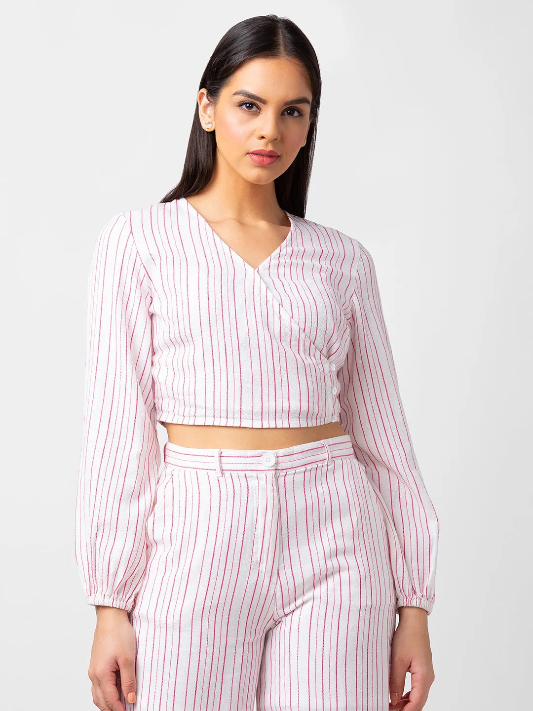 Spykar Women Pink Cotton Slim Fit Striped Crop Top