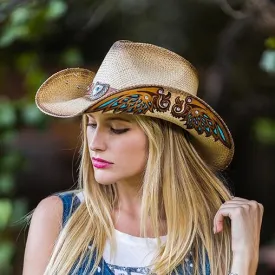 Stampede Women's Western Straw Hat - The Concho with Turquoise Wings