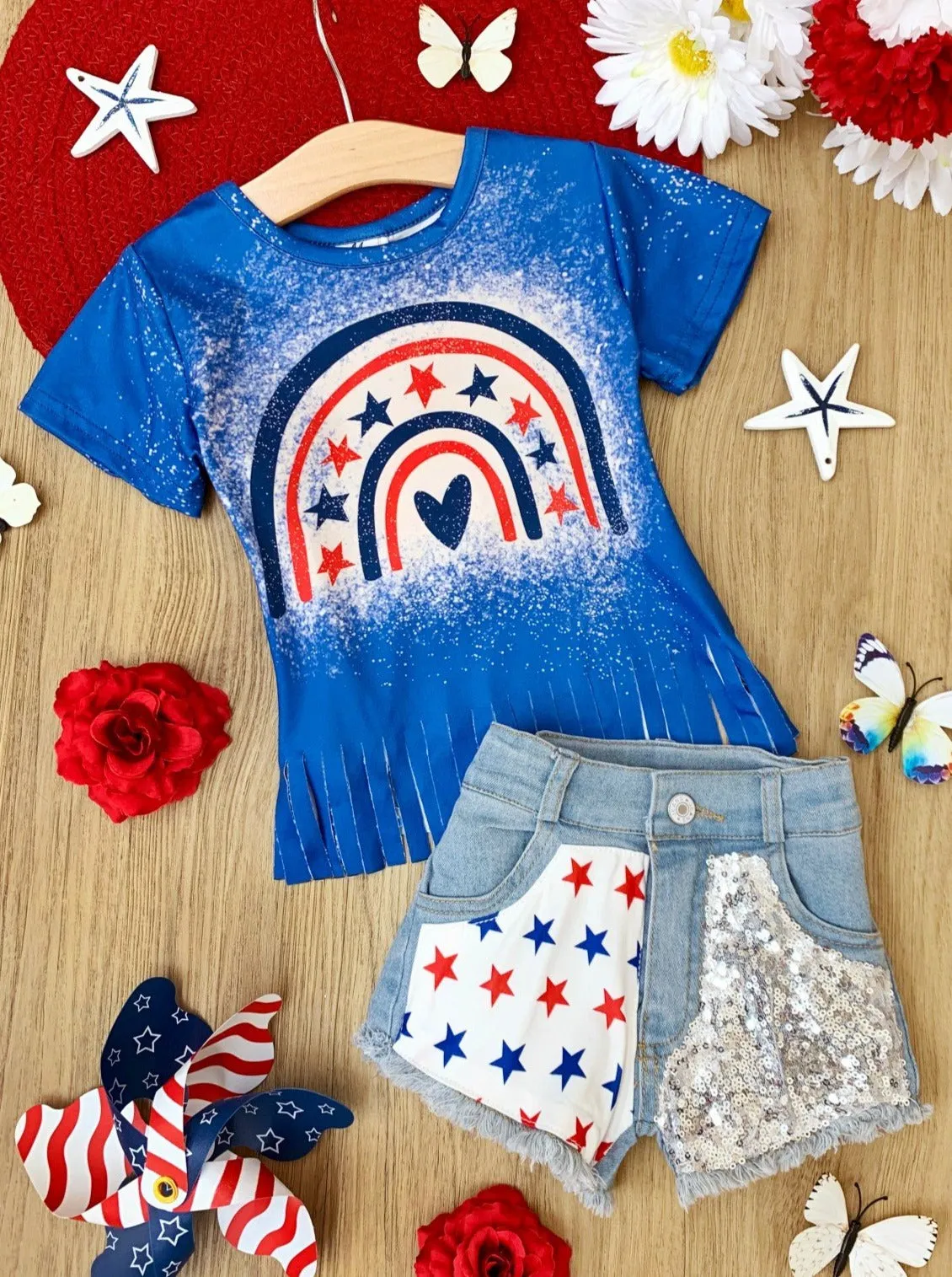 Star Rainbow Sequin Denim Shorts Set