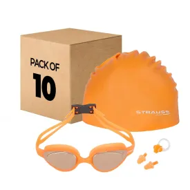 STRAUSS Swimming Goggles Set with UV and Anti Fog Protection | Swimming Kit of Goggles,Cap,Earplug & Nose Plug Set - Ideal for All Age Group | Pack of 10