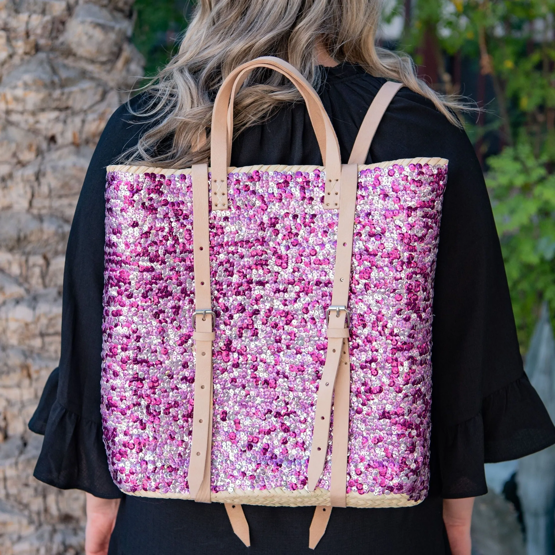 Straw Backpack with Purple Sequins