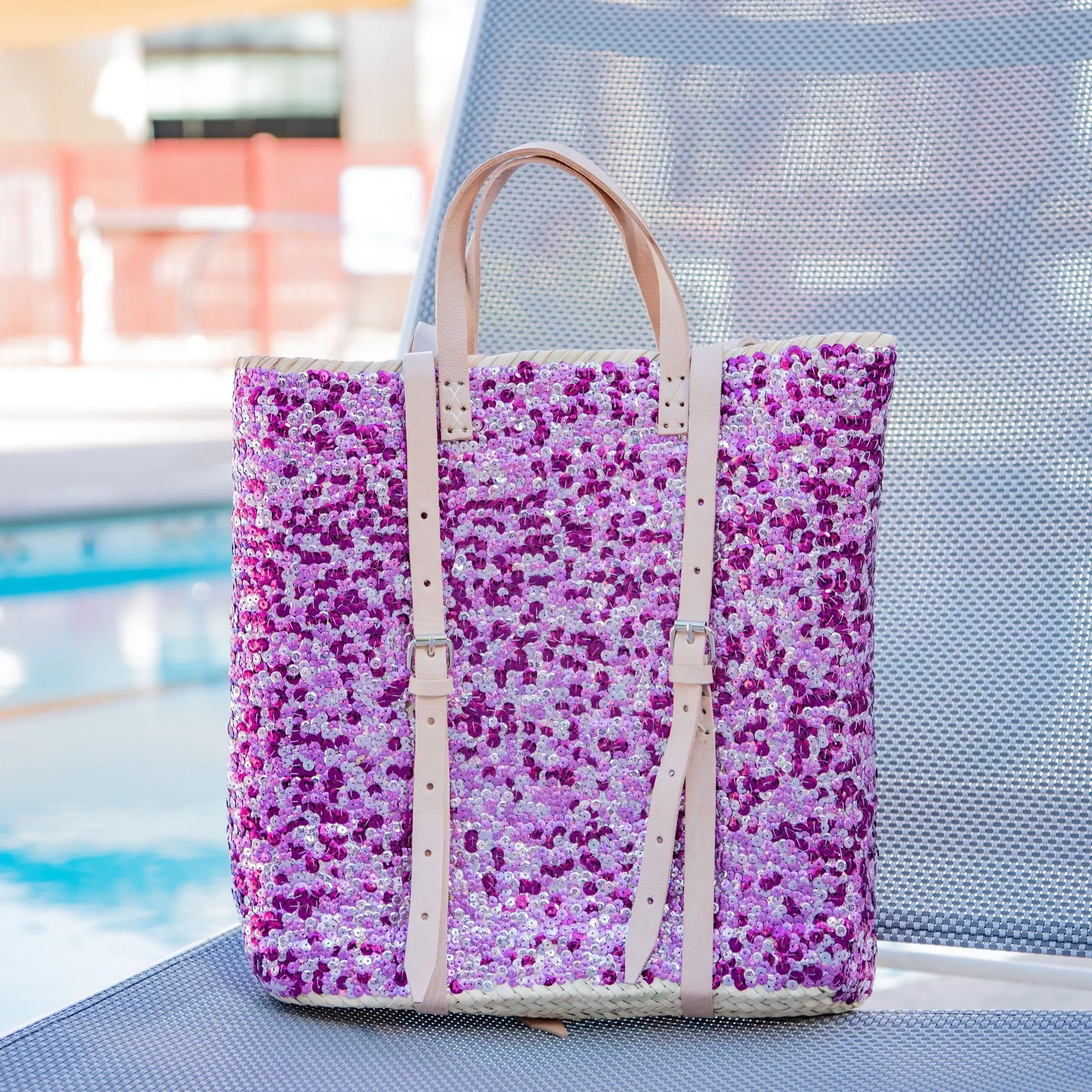 Straw Backpack with Purple Sequins