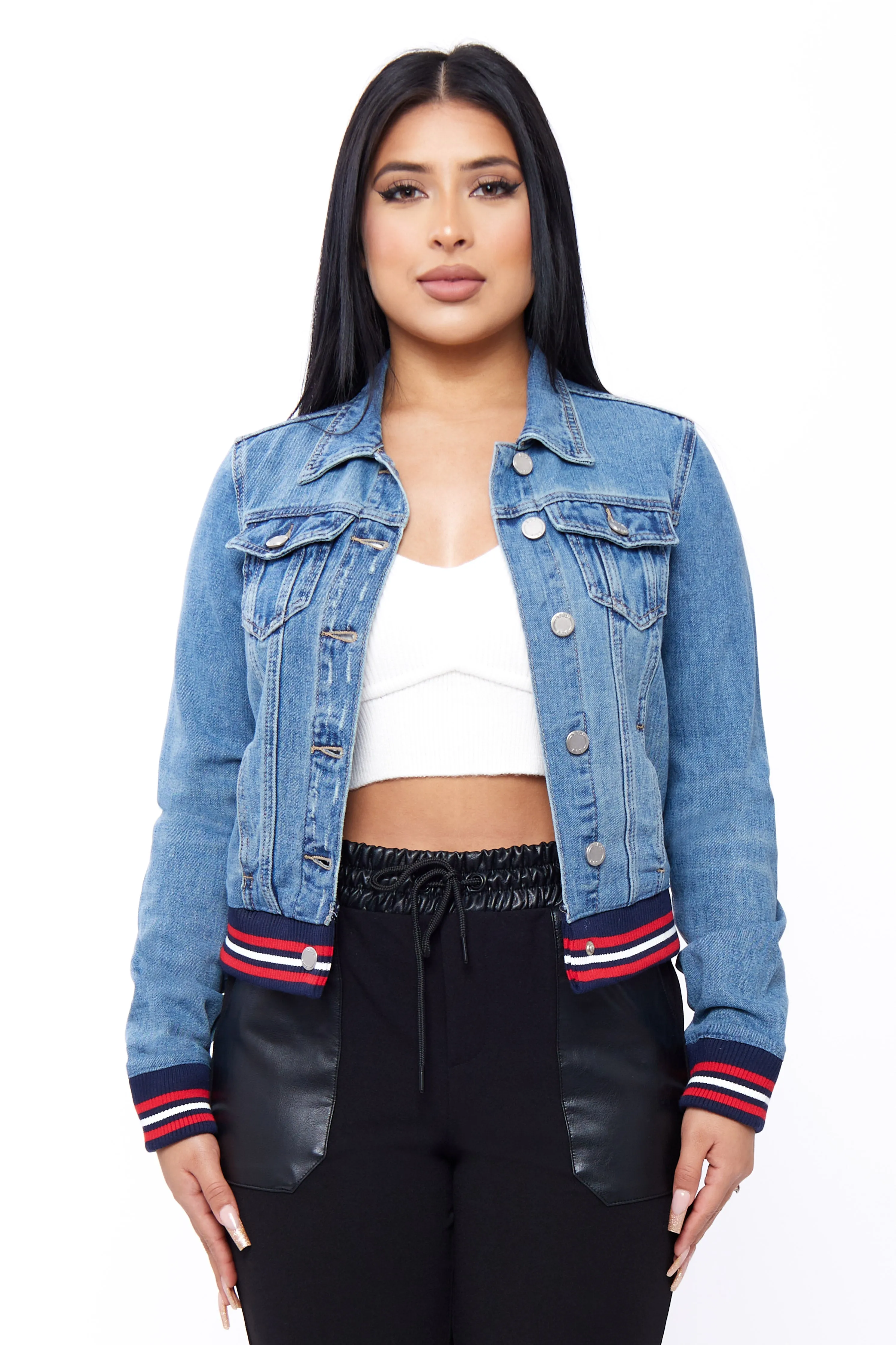 Stripe Sweater Rib Trim Hem and Cuff Denim Jacket