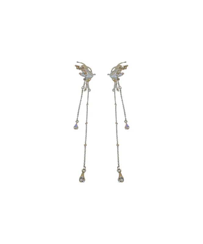 Style Silk Alloy Zircon Butterfly Tassel Drop Earrings