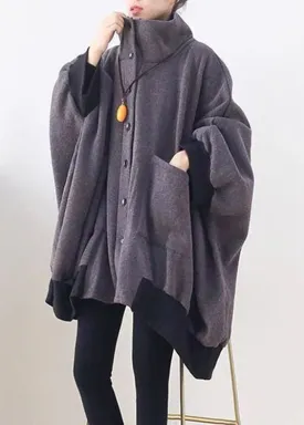 Stylish Dark Gray Pockets Button Knit asymmetrical design Fall Loose Sweatshirts Coat