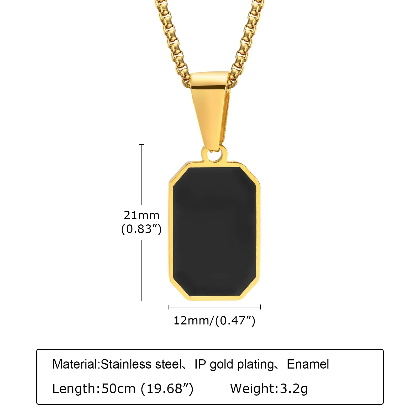 Stylish Gold Color Mens Geometric Square Necklaces,Black Enamel Rectangle Pendant with Rope Box Chain Collar Gift Jewelry