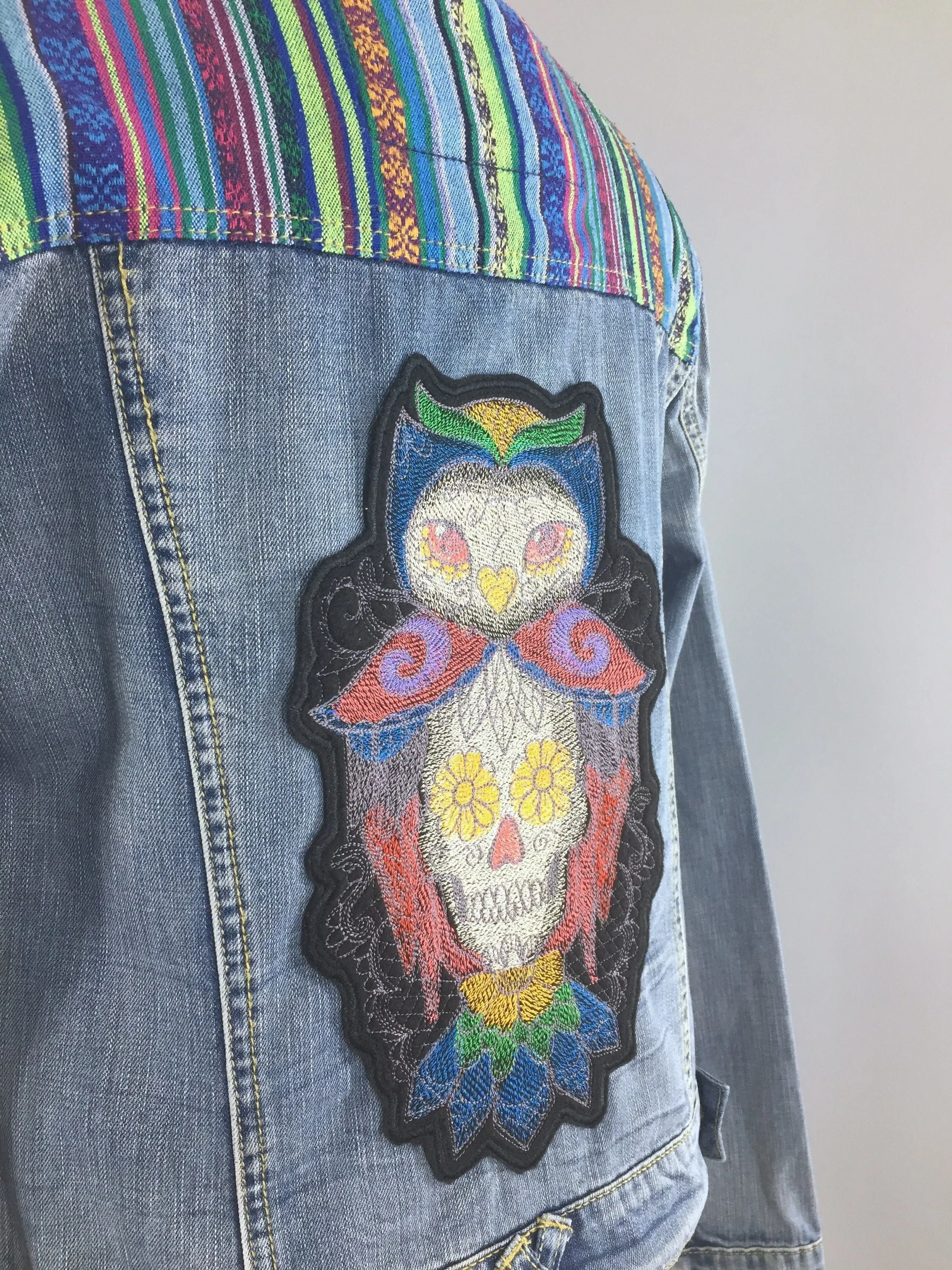 Sugar Skull Owl Embroidered Denim Jacket / Día de Muertos Patch / Mexican Day of the Dead Embroidery