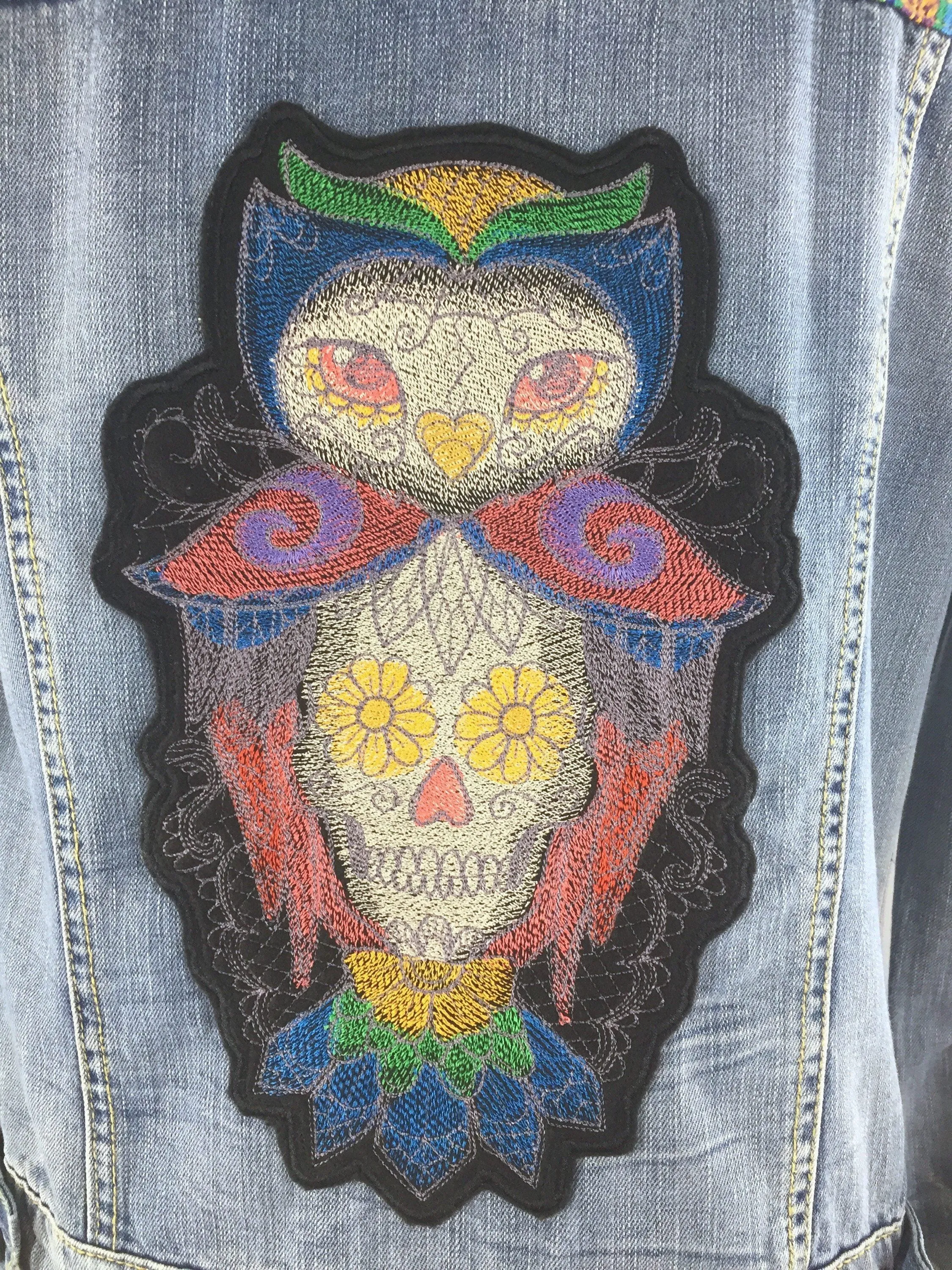 Sugar Skull Owl Embroidered Denim Jacket / Día de Muertos Patch / Mexican Day of the Dead Embroidery