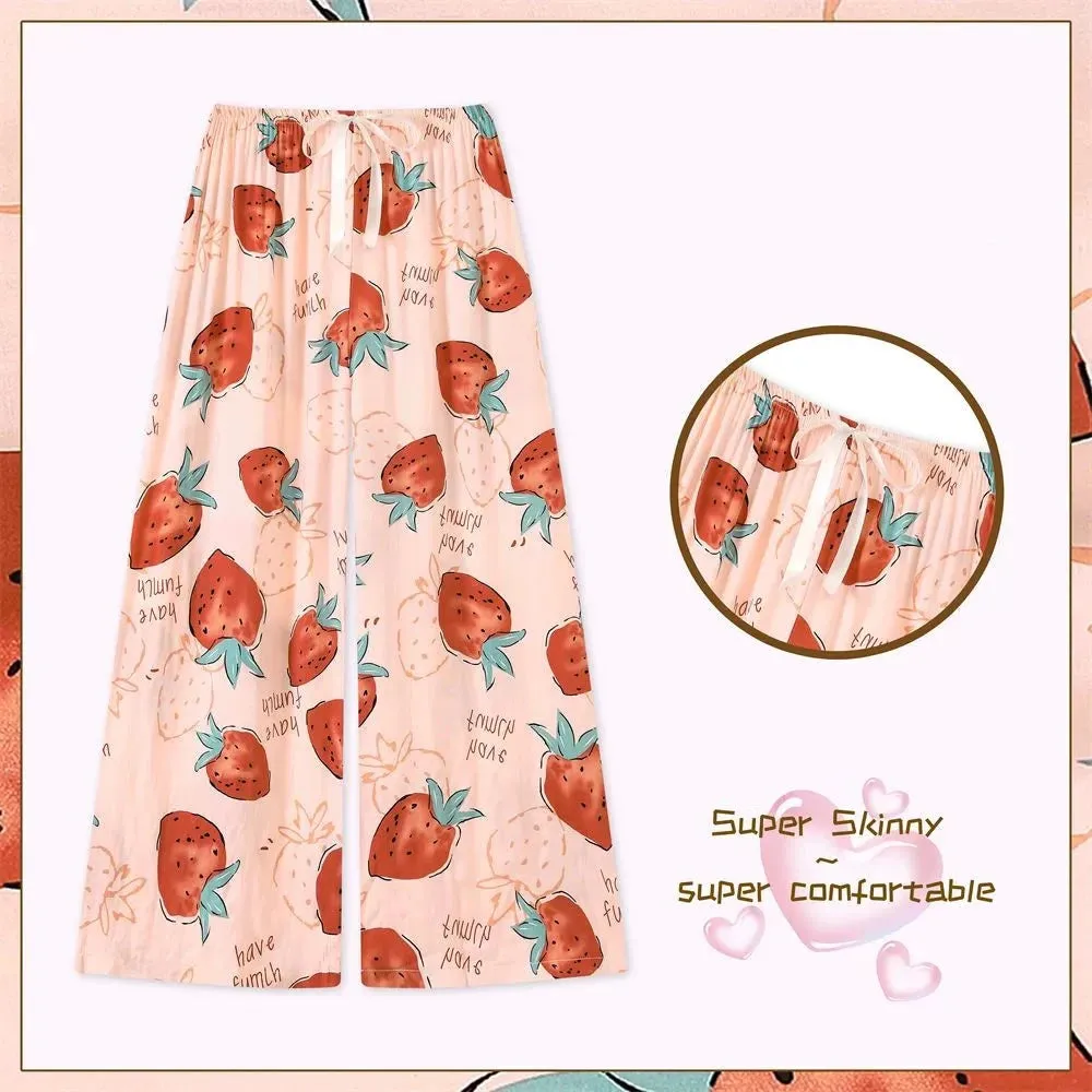 Summer Cotton Silk Wide-Leg Pajama Pants' - Unique Printed Cropped Mosquito Pants