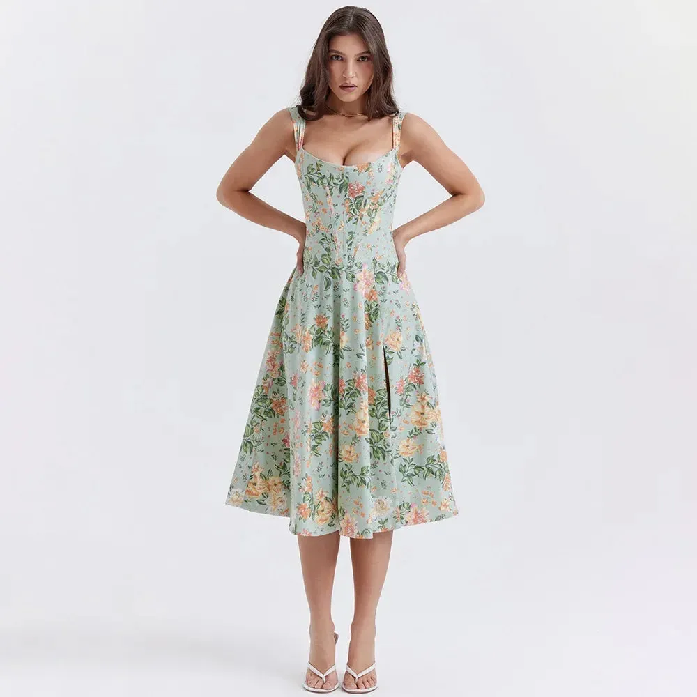 Suninheart Summer Dress Women 2023 Green Lace Up Floral Print Dress Elegant with Boning Casual Party Holiday Dress High Quality