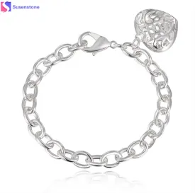 SUSENSTONE 2016 New Fashion silver plated shackles bracelets LadiesHollow Out Heart Bracelets Bangles Simple Link Chain Bracelet