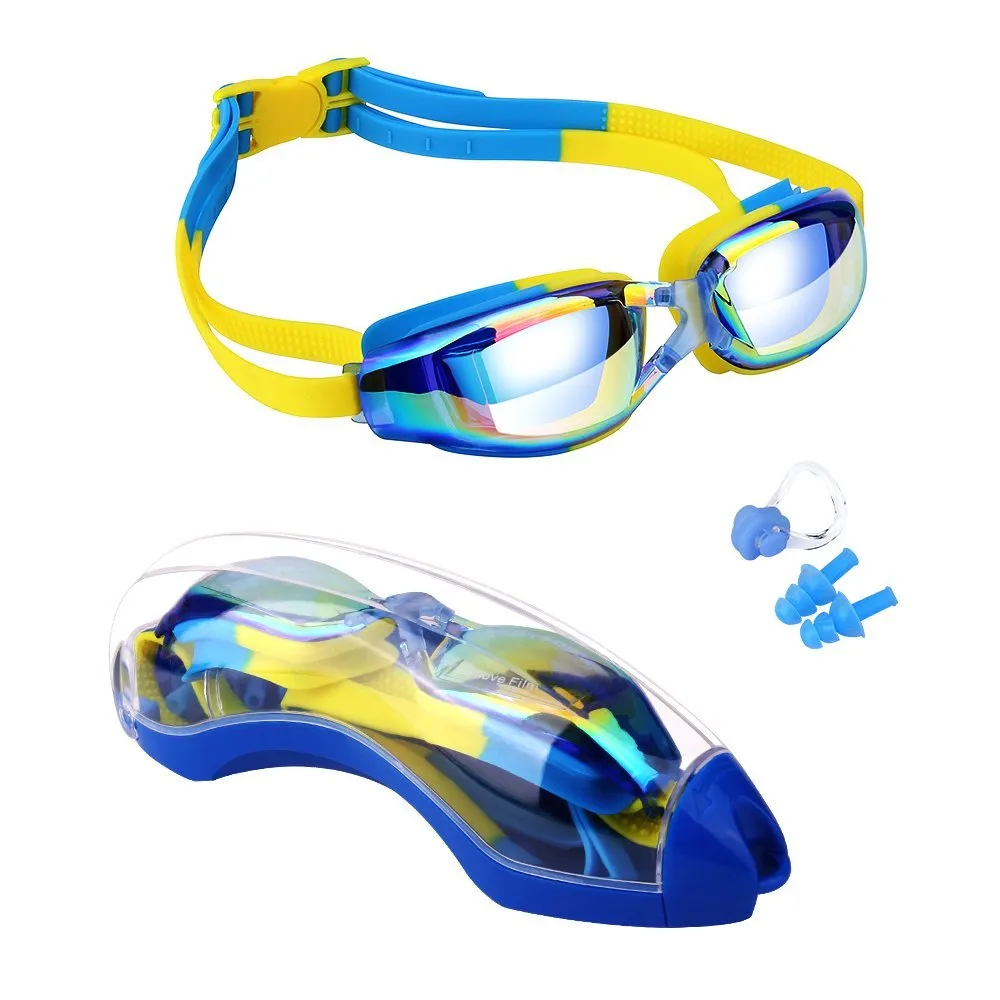 Swimming Goggles Comfortable Silicone Adjustable Swim Glasses Children Anti-Fog UV Waterproof Swimming Eyewear w/ Clear Case