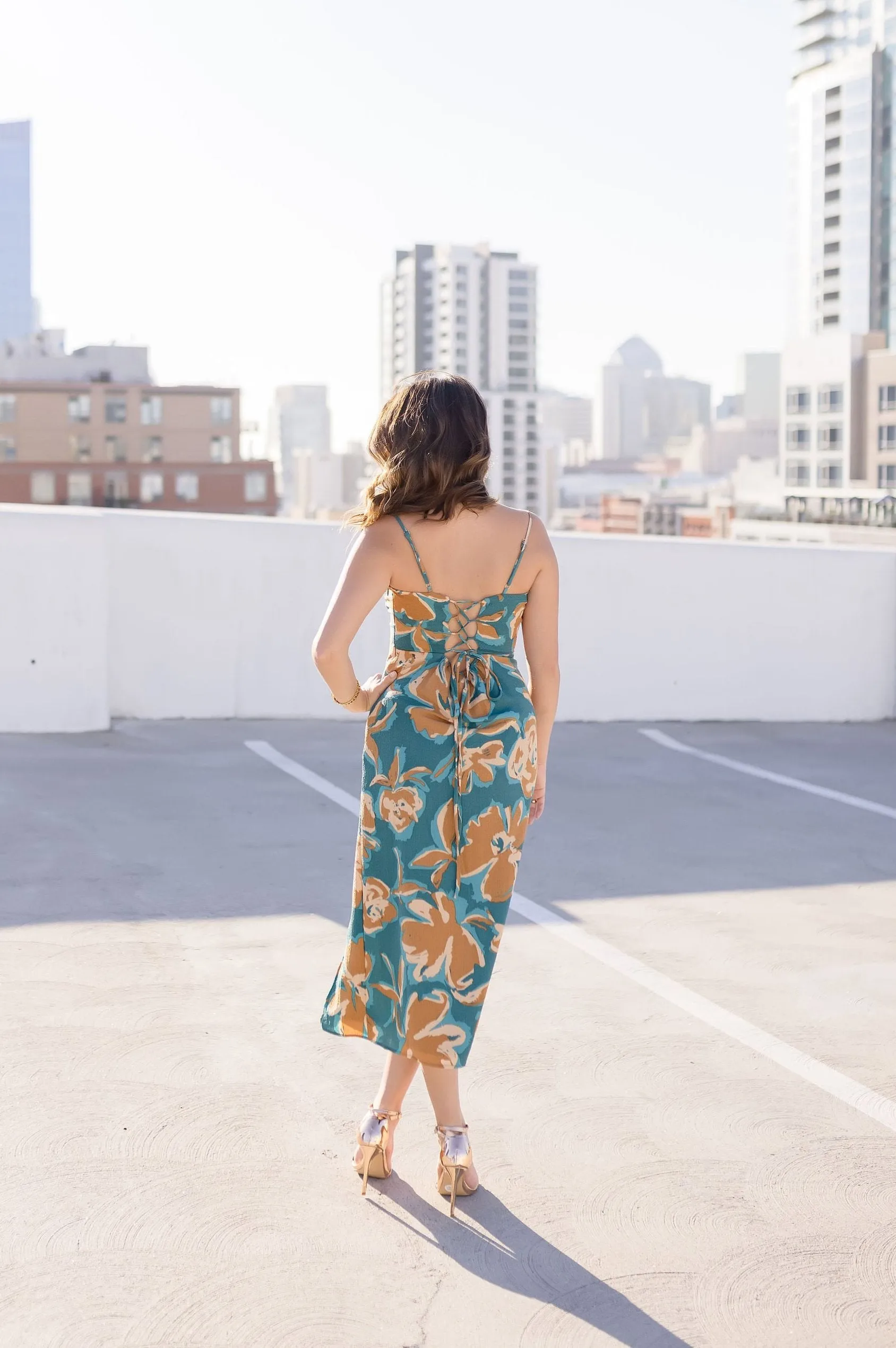 Tammy Sleeveless Tie Back Floral Print Midi Dress Teal