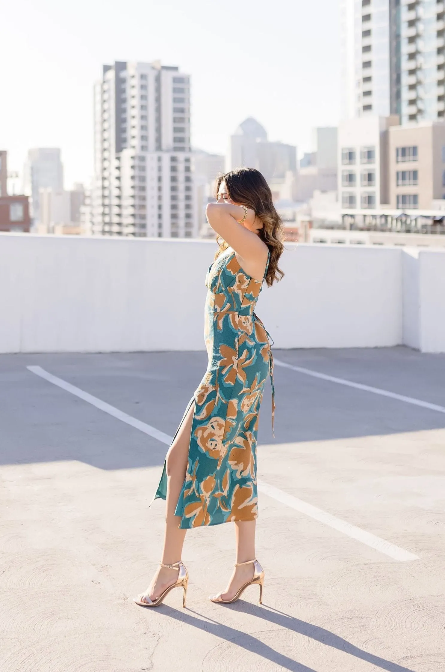 Tammy Sleeveless Tie Back Floral Print Midi Dress Teal