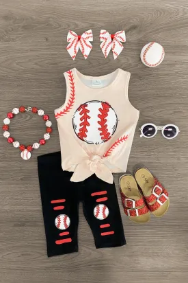 Tan & Black Baseball Stitch Capri Set