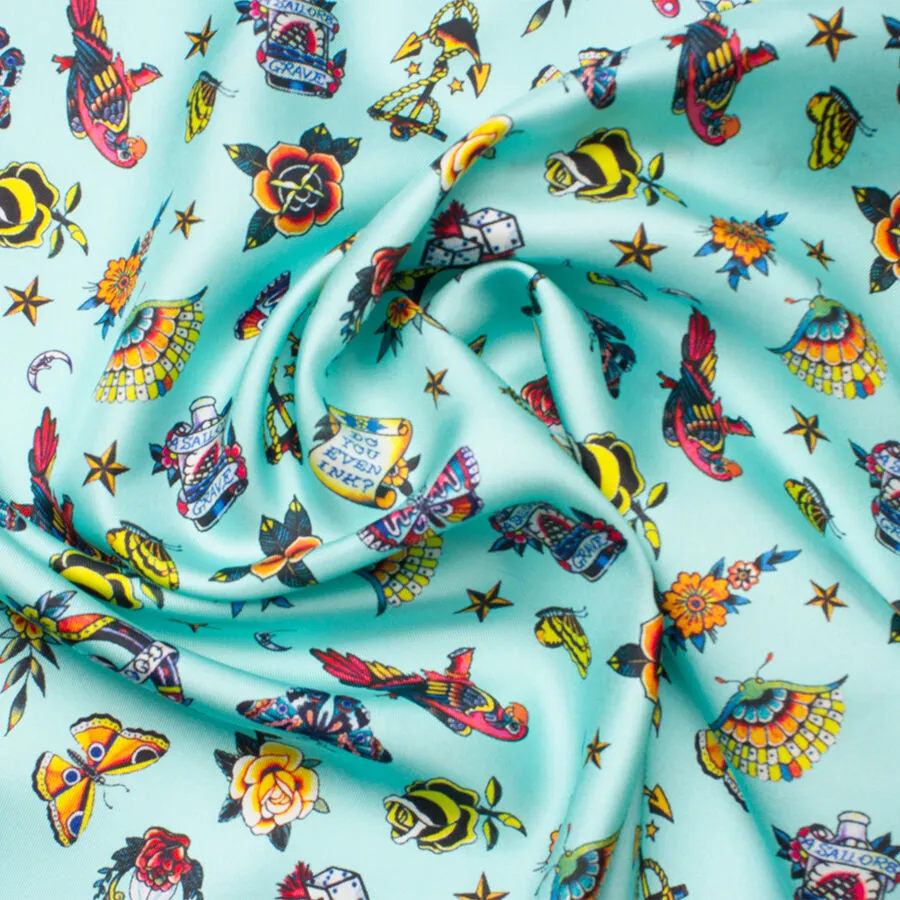 'Tattoo Art' Printed Aqua Silk Twill (A 3.10m Piece)