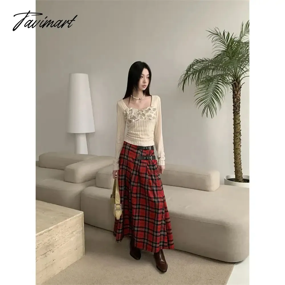 TAVIMART  -  Casual Beige Tees Slim Puff Sleeve Women Square Collar Crop Top Spring Winter Lace T-Shirts 2000s Aesthetic French Preppy Style