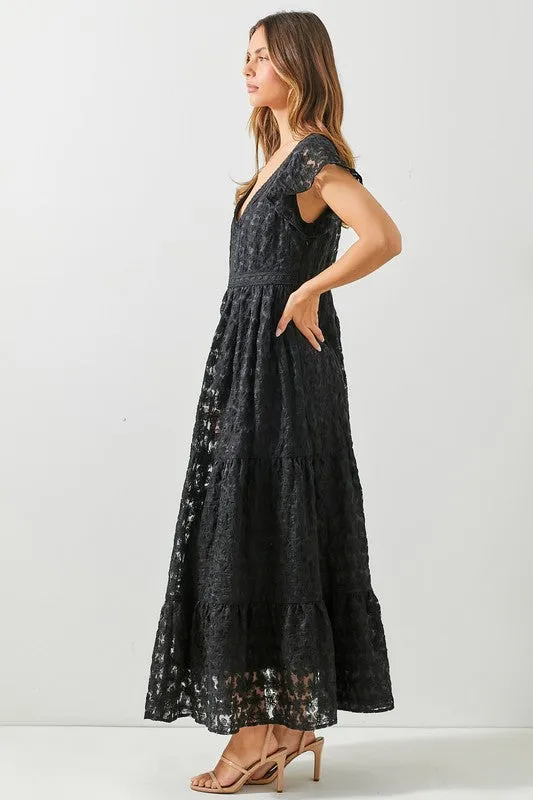 Teanna Short Sleeve Floral Print Lace Maxi Dress Black