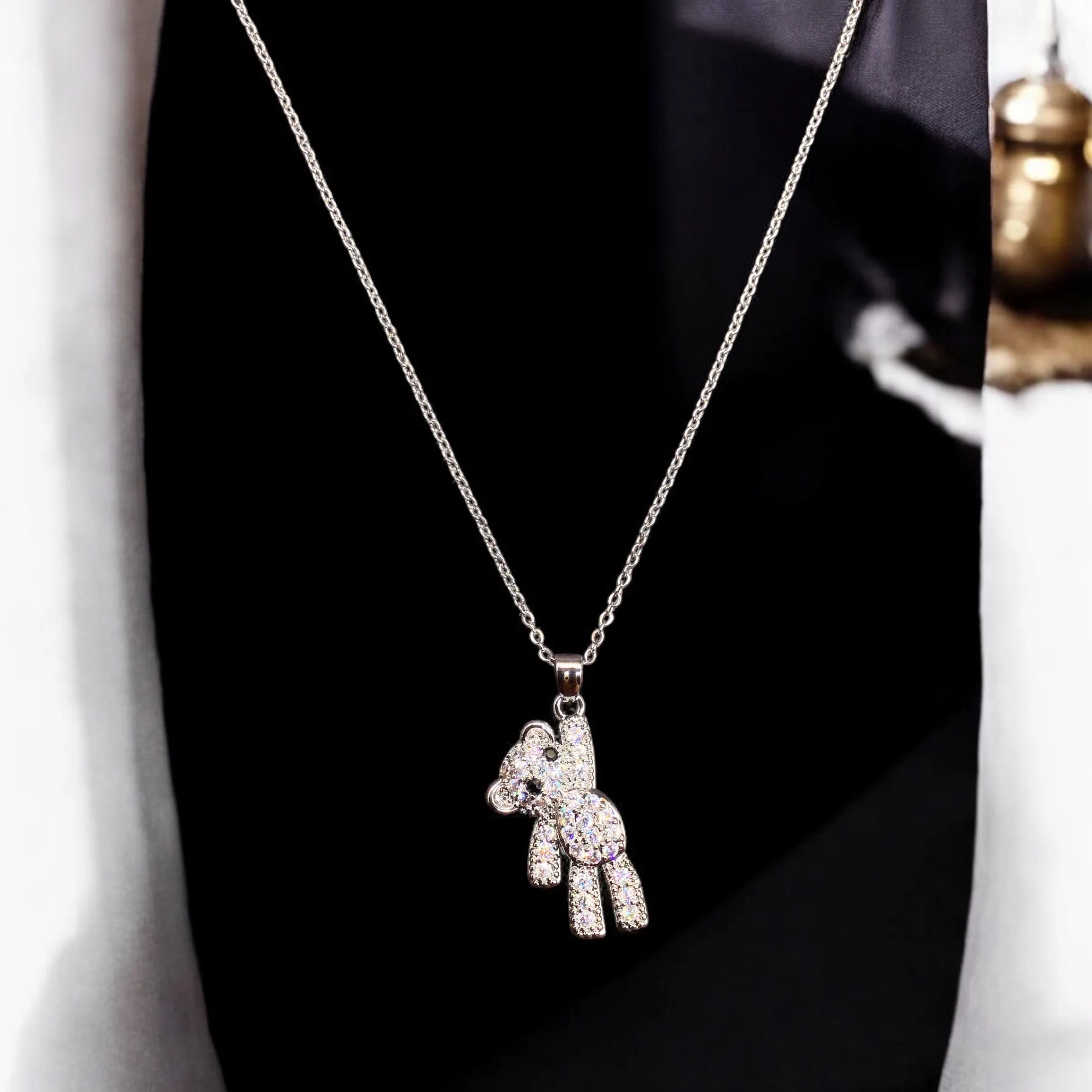 Teddy Bear Stainless Steel Necklace Pendants With Long Chain