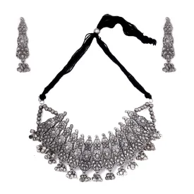 TEEJH Anay Antique Silver Polish Choker Necklace Set for Women