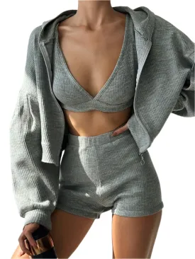 TEEK - Grey Zip Hoodie V-Neck Triangle Bra High Waist Shorts Set