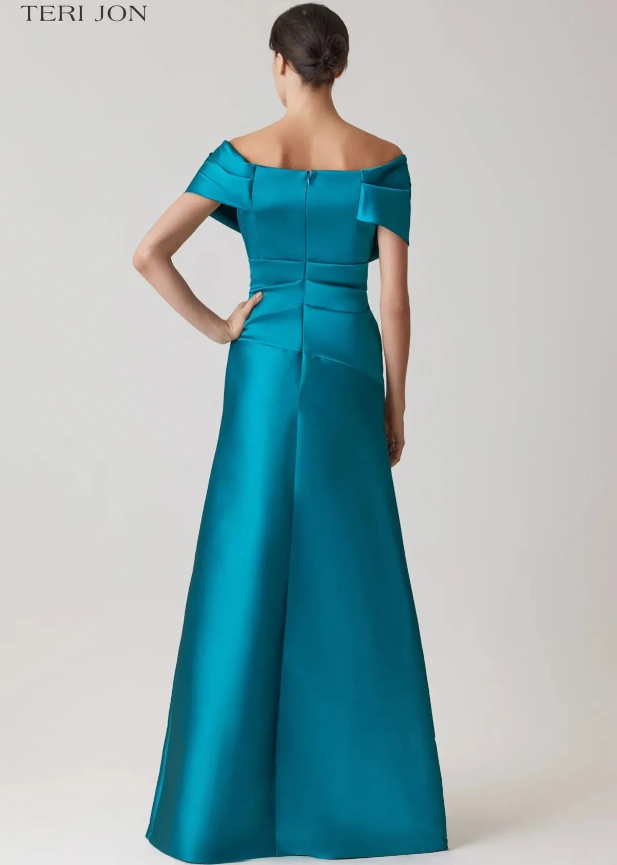 TERI JON Stretch Mikado Off Shoulder Ruched Gown - Teal