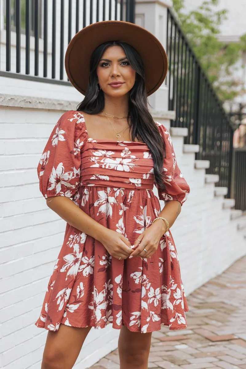 Terracotta Floral Print Pleated Mini Dress - FINAL SALE