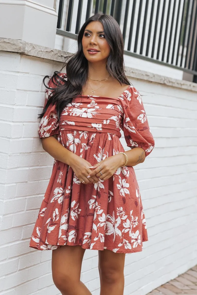 Terracotta Floral Print Pleated Mini Dress - FINAL SALE