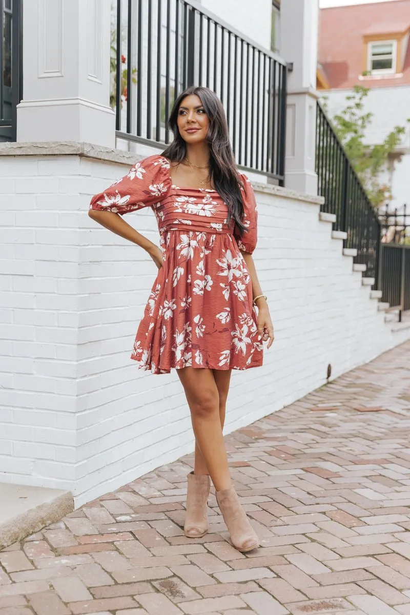 Terracotta Floral Print Pleated Mini Dress - FINAL SALE