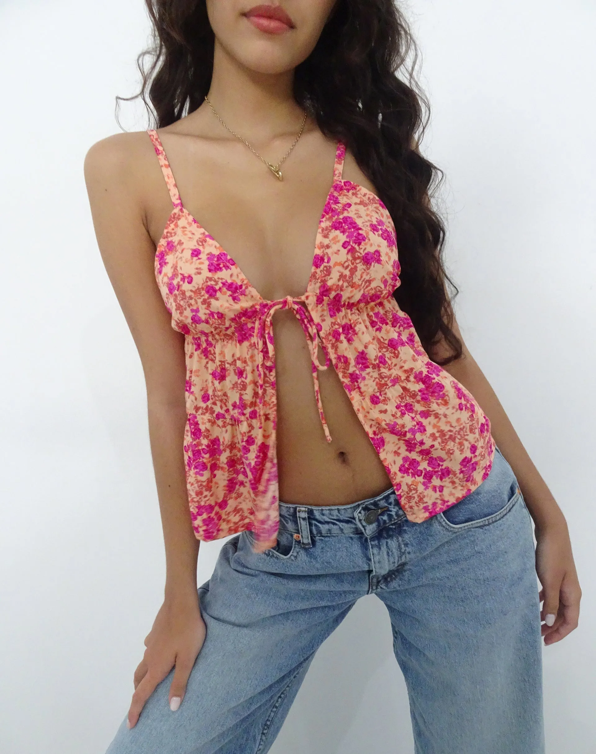 Tezza Tie Front Cami Top in Dark Wild Flower Cantaloupe