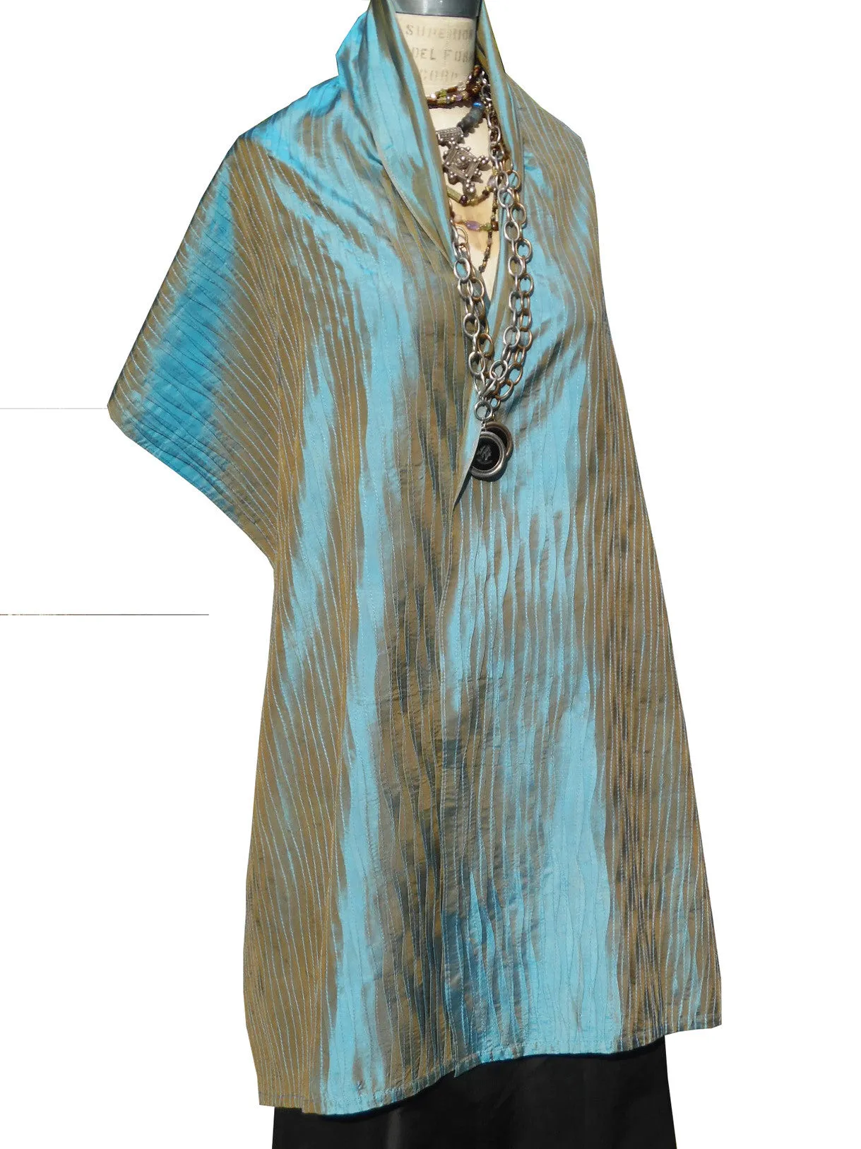 Thai Silk Pintuck Pleated Shawl Peacock