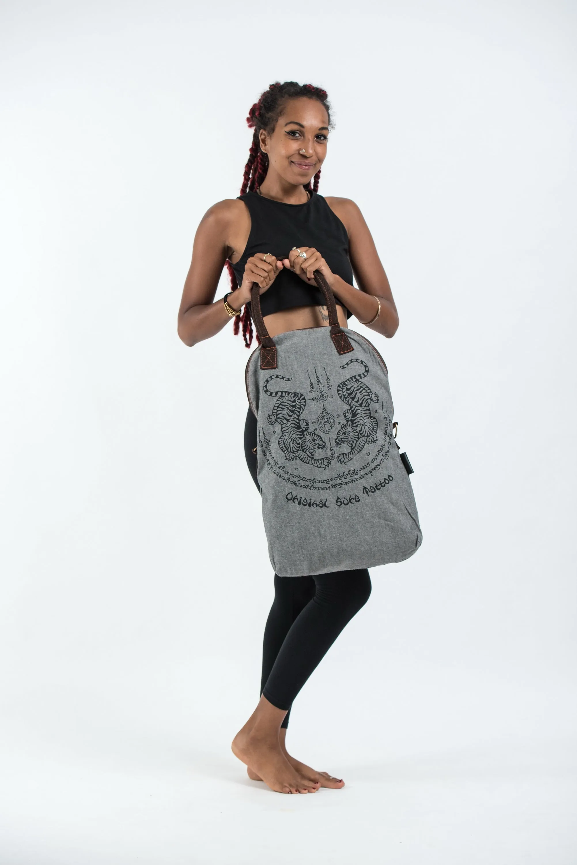 Thai Tattoo Oversize Zippered Shoulder Bag in Denim Gray