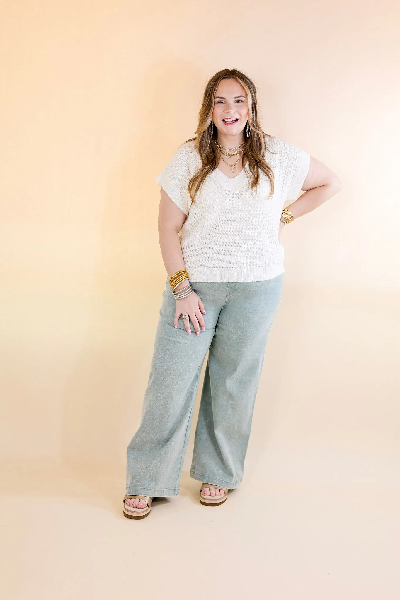 The Best Cropped Wide Leg Jeans in Seafoam Green