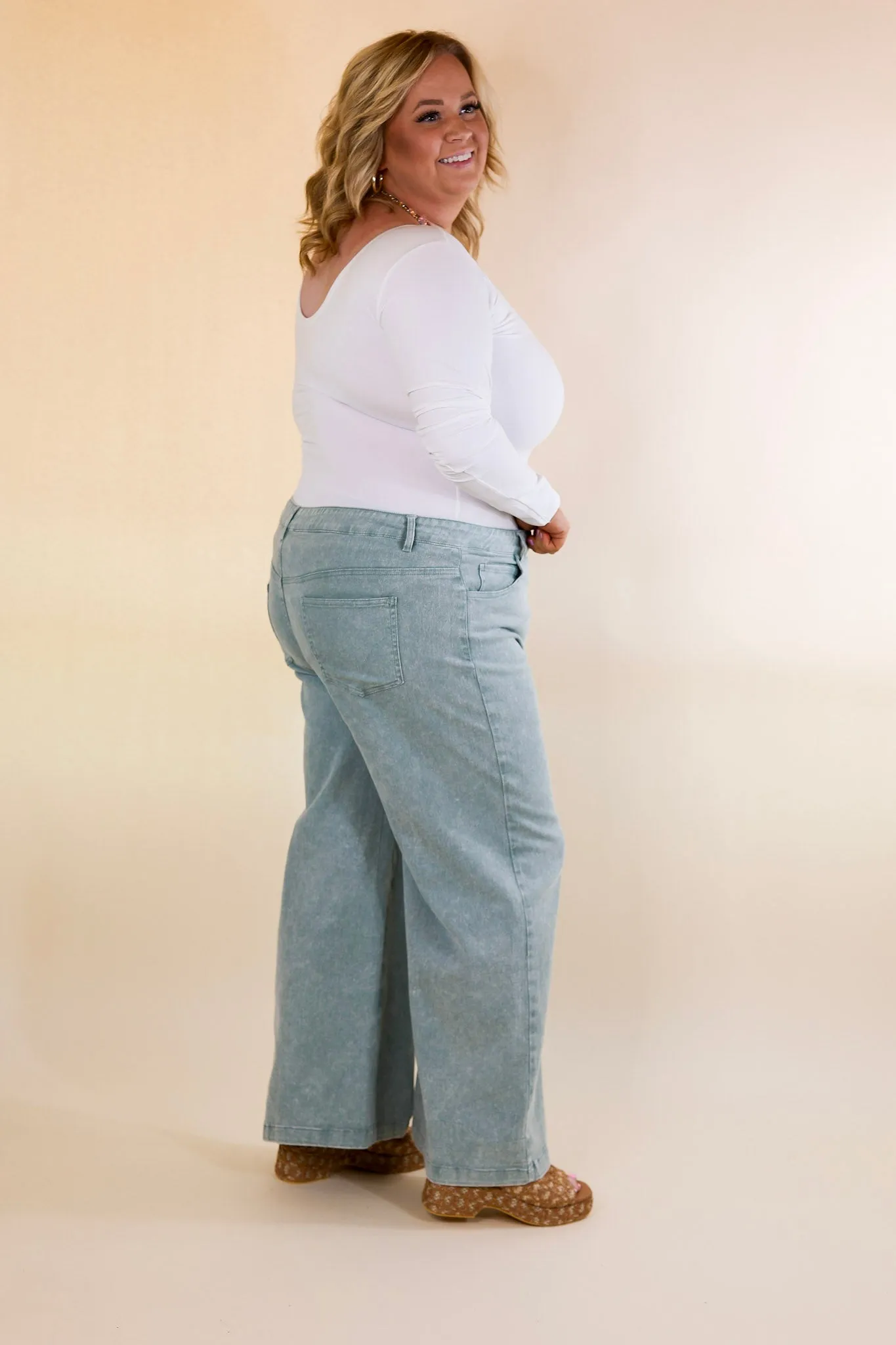 The Best Cropped Wide Leg Jeans in Seafoam Green