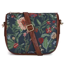 THE CLOWNFISH Garnet Series Printed Handicraft Fabric & Tapestry Crossbody Sling Bag for Women Ladies Single Shoulder Bag Shoulder Belt (Navyblue-Floral)