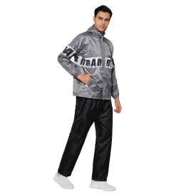 THE CLOWNFISH Road Rider Men's Waterproof Raincoat Polyester Double Coating Reversible Rain Suit with Hood & Inner Mobile Pocket. Set of Top and Bottom. Printed Plastic Pouch (Grey, X-Large)