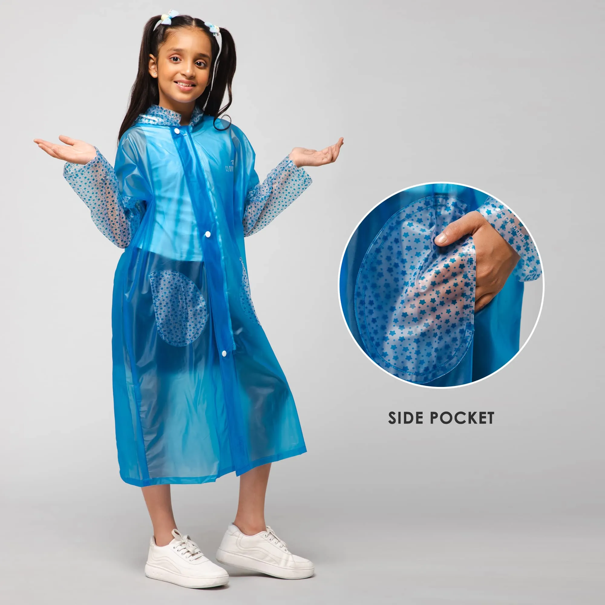 THE CLOWNFISH Shower Saver Series Unisex Kids Waterproof Single Layer PVC Longcoat/Raincoat with Adjustable Hood. Age-3-4 Years (Sky Blue)