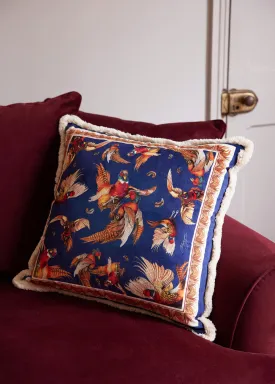 The Game Is Up Large Pheasant Fringed Plush Velvet Cushion in Navy Blue